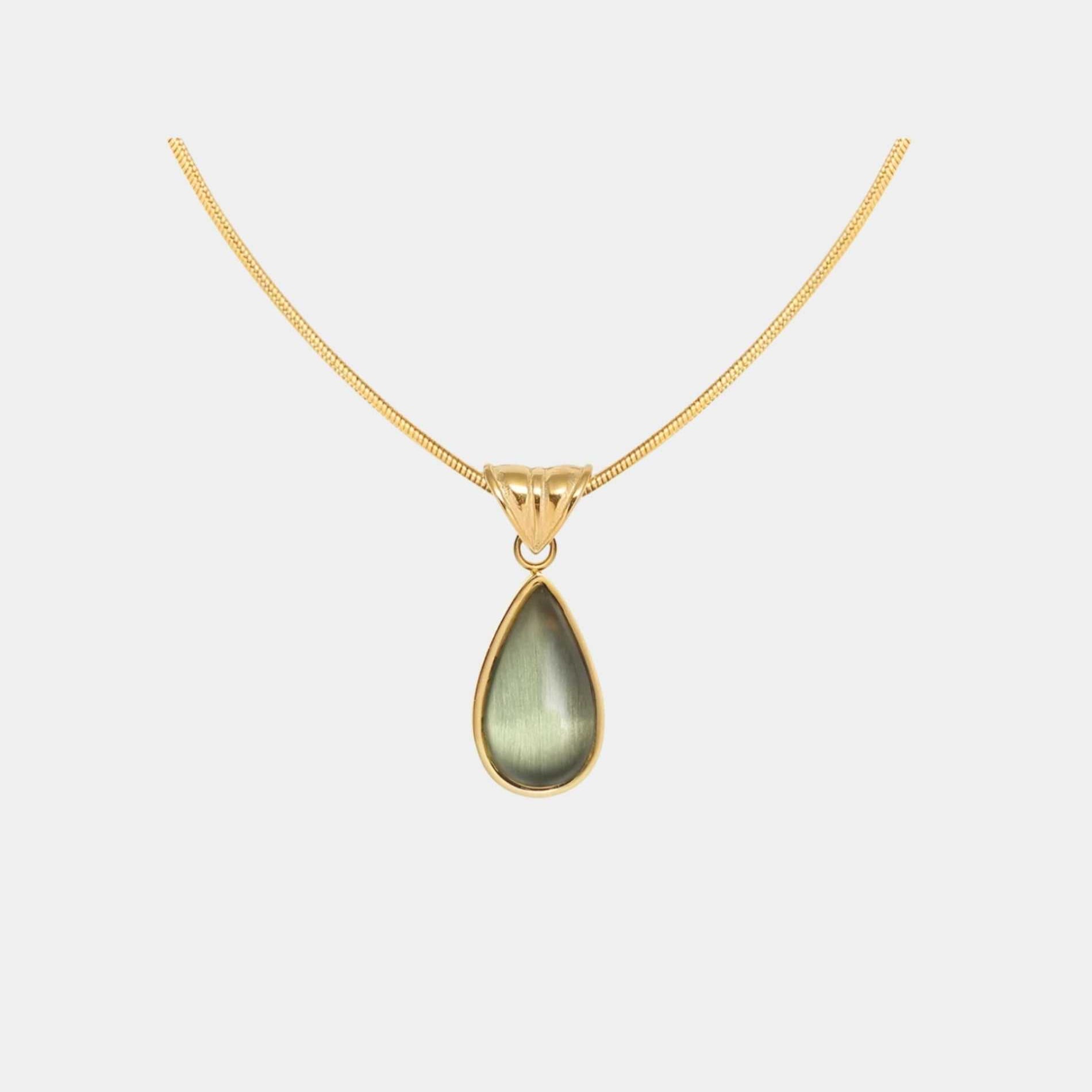 WATER DROP NECKLACE in gold-tone metal, featuring a smooth teardrop-shaped pendant with a muted green center.