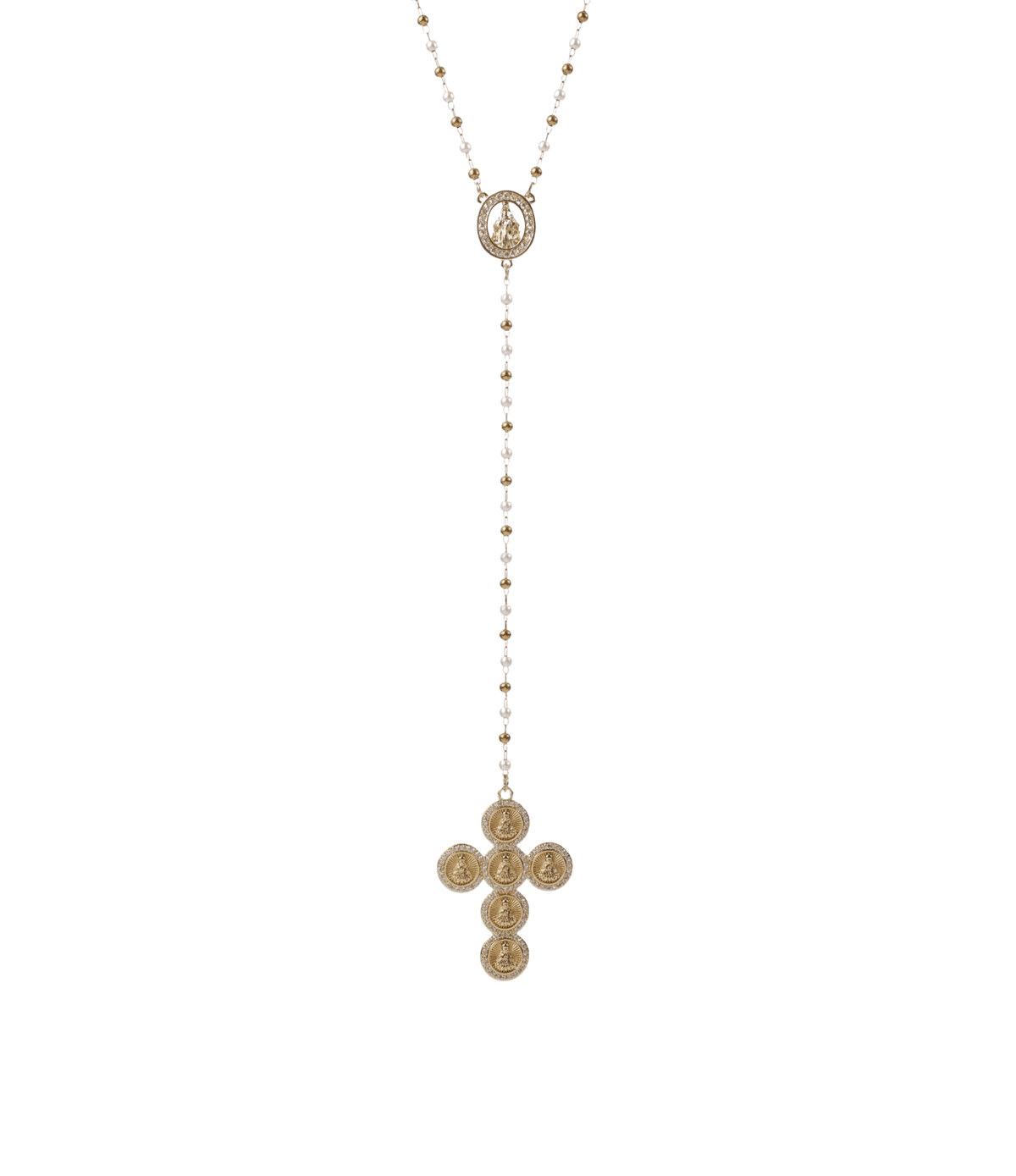 Zofia Y Necklace - Lariat Y Necklace - 18ct gold plated brass and pearl necklace with a fine gold-tone chain, oval link and ornate cross pendant